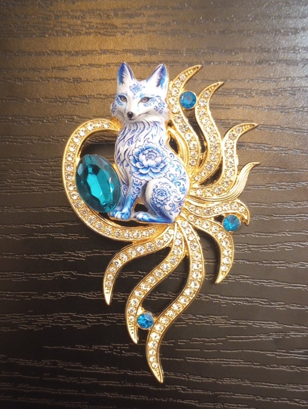 Blue White Delft Golden Porcelain Fox Brooch Blue And Teal Green Rhinestones